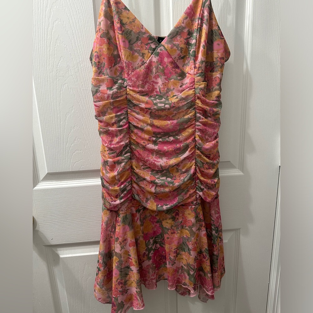 wild fable Pink Floral Ruched V-Neck Mini Dress